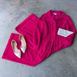 Vintage JC Penney Loungewear Hot Pink Terry Cloth Long Sleeve Wide Leg Jumpsuit